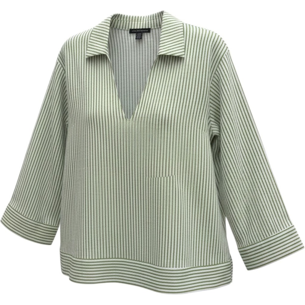 Saks Fifth Avenue Green White Striped 100% Linen V-Neck Blouse Top Large